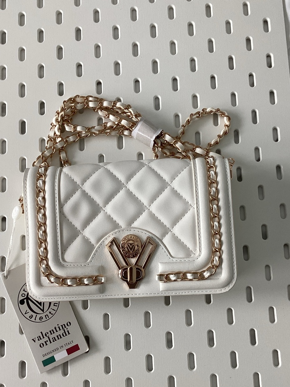 Valentino Orlandi White Quilted V3004 Crossbody with Gold Chain